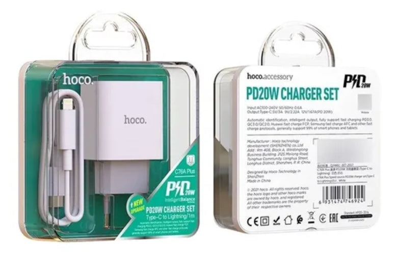 Cargador Pd Para iPhone 20w Hoco + Cable Lightning Blanco