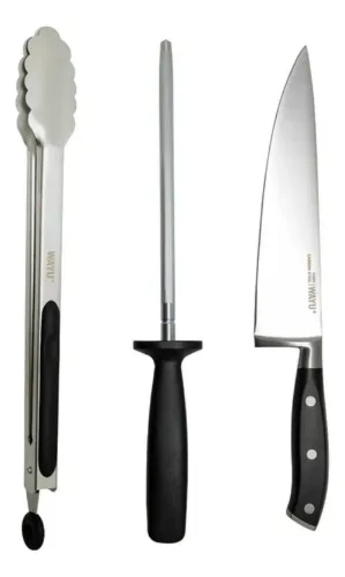 Set Parrillero 3 Piezas Wayu (Cuchillo + Pinza + Afilador)