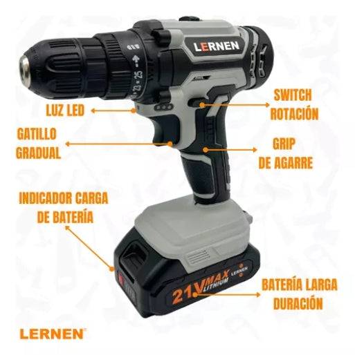 Kit Taladro Destornillador Inalámbrico Lernen 21v + 2batería