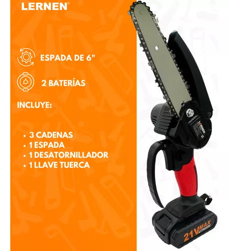 Motosierra Podadora Eléctrica 6 Pulgadas Lernen + 2 Baterías
