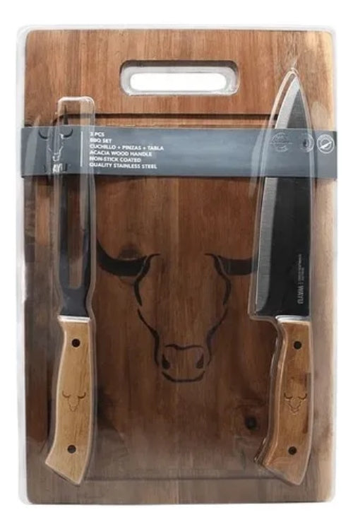 Set Parrillero Tabla + Cuchillo Y Pincho Wayu Asado Parrilla