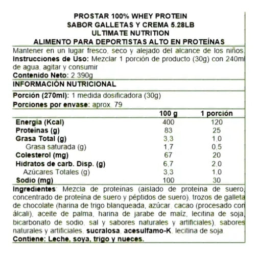 Suplemento Ultimate Nutrition Prostar Whey Sabor Cookies And Cream De 2.39kg