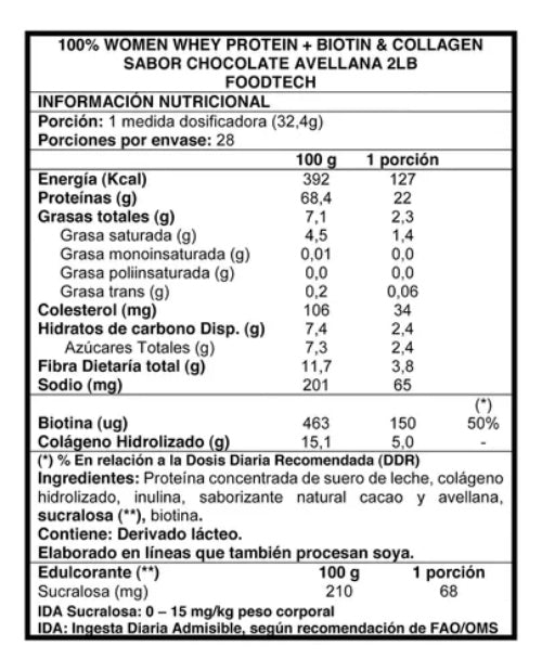 Whey Protein Women Foodtech 907g Chocolate Avellana